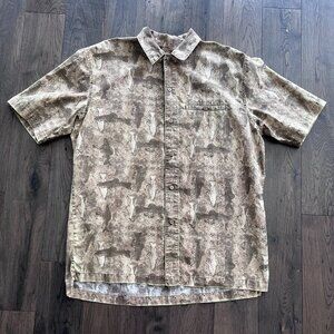 Woolrich Fish Print Camp Shirt Size L Tan Button Up Short Sleeve Outdoor Trout